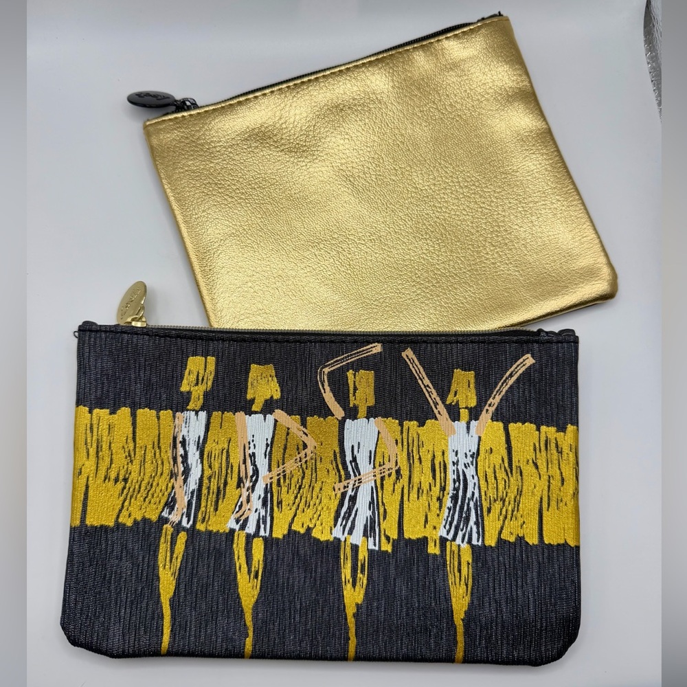 Gold Metallic and Black Patterned Women’s Zip Pouch Set